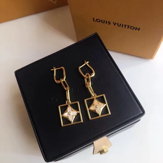 Louis Vuitton Gold White Square Drop Quatrefoil Floral Motif Earrings 7