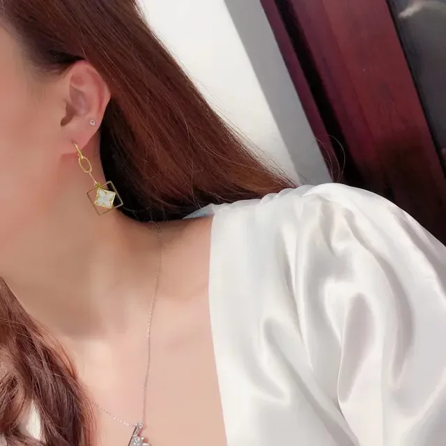 Louis Vuitton Gold White Square Drop Quatrefoil Floral Motif Earrings 9