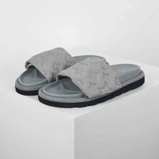Louis Vuitton Gray Black Monogram-Embossed Strap Padded Upper Slippers 2