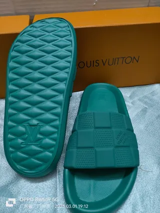 Louis Vuitton Green Checkerboard-Textured Strap Molded Monolithic Sole Slippers 2