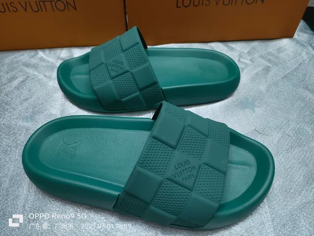 Louis Vuitton Green Checkerboard-Textured Strap Molded Monolithic Sole Slippers 4