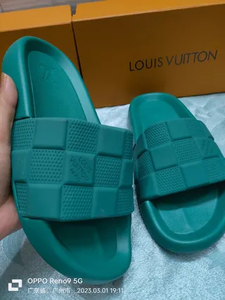 Louis Vuitton Green Checkerboard-Textured Strap Molded Monolithic Sole Slippers 5