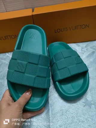 Louis Vuitton Green Checkerboard-Textured Strap Molded Monolithic Sole Slippers 6