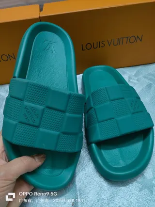 Louis Vuitton Green Checkerboard-Textured Strap Molded Monolithic Sole Slippers 9