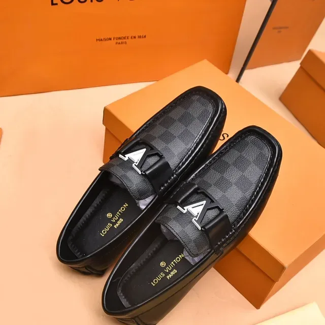 Louis Vuitton Mocassins Noir et Gris Damier Check Toile Slip-On 3