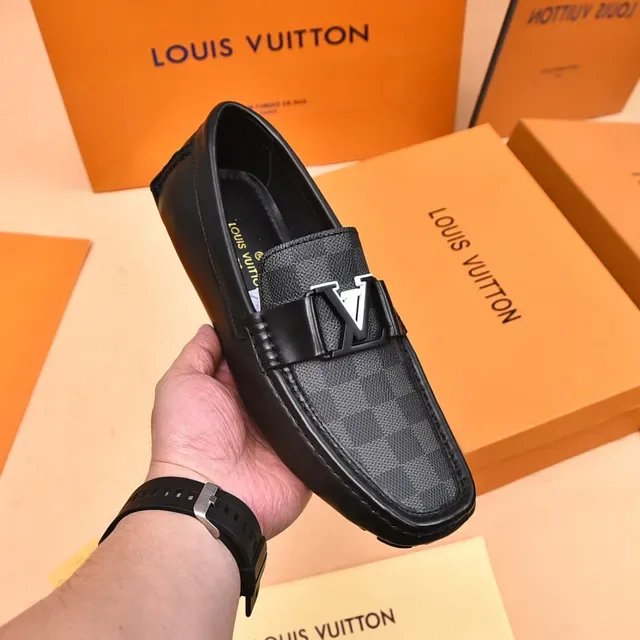 Louis Vuitton Mocassins Noir et Gris Damier Check Toile Slip-On 6