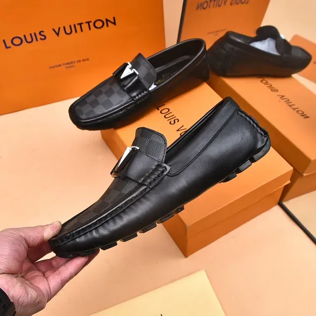 Louis Vuitton Mocassins Noir et Gris Damier Check Toile Slip-On 7