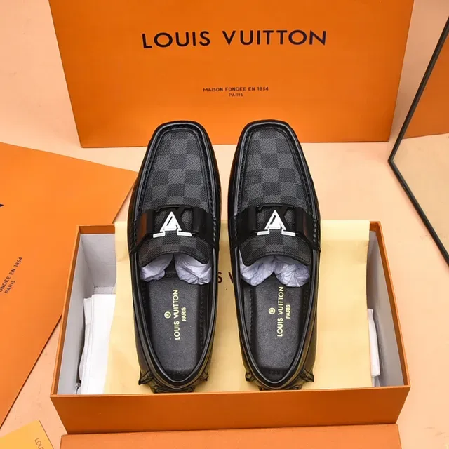 Louis Vuitton Mocassins Noir et Gris Damier Check Toile Slip-On 9