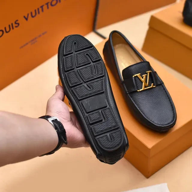Louis Vuitton Loafer Black Gold Pebbled Leather LV Buckle Loafer 2