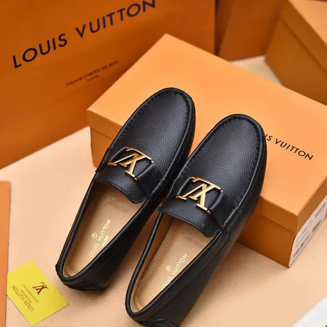 Louis Vuitton Loafer Black Gold Pebbled Leather LV Buckle Loafer 4