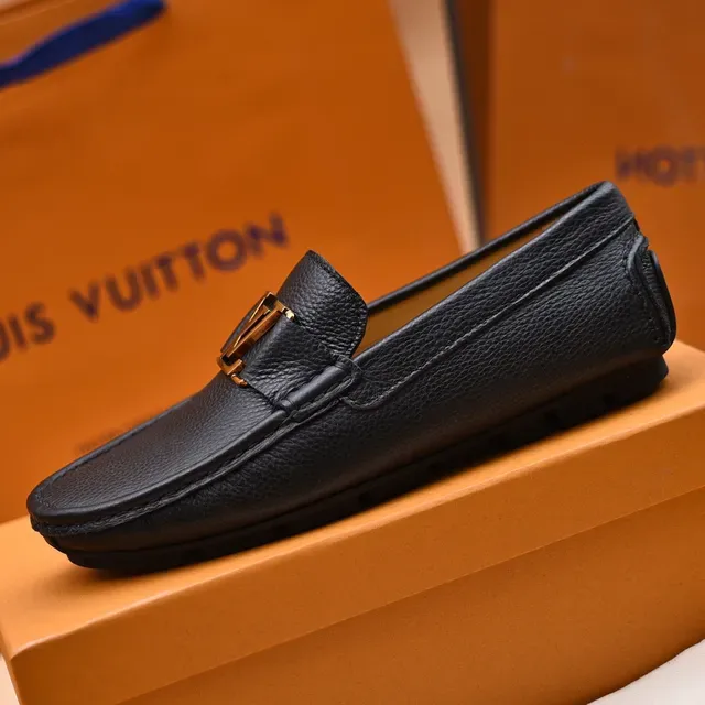 Louis Vuitton Loafer Black Gold Pebbled Leather LV Buckle Loafer 5
