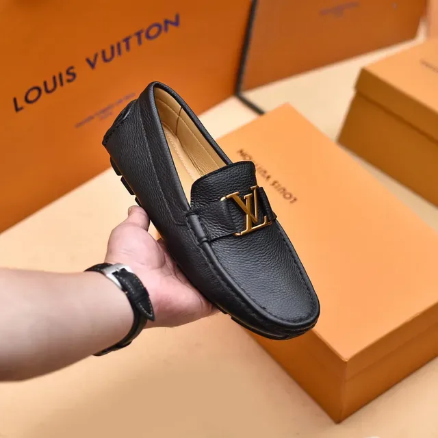 Louis Vuitton Loafer Black Gold Pebbled Leather LV Buckle Loafer 6