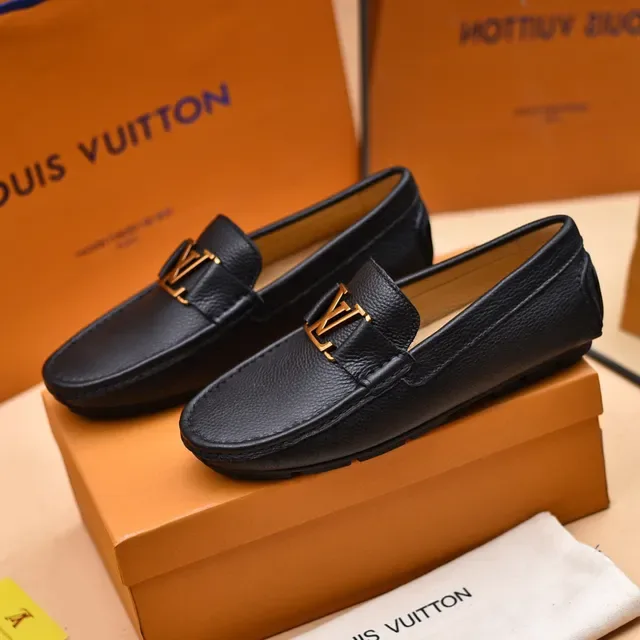 Louis Vuitton Loafer Black Gold Pebbled Leather LV Buckle Loafer 8