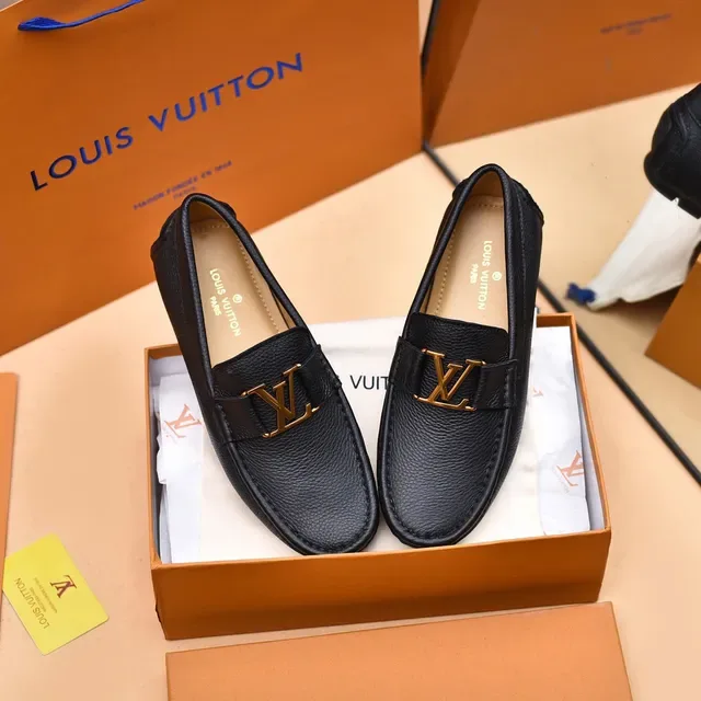 Louis Vuitton Loafer Black Gold Pebbled Leather LV Buckle Loafer 9
