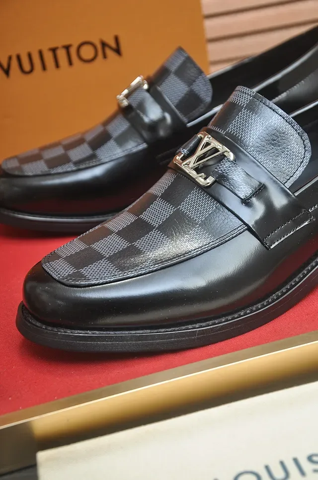 Louis Vuitton Loafer Black Gray Patent Leather Damier Checkered Panel Loafer 2