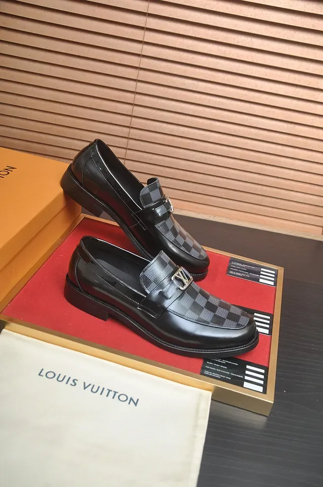 Louis Vuitton Loafer Black Gray Patent Leather Damier Checkered Panel Loafer 4