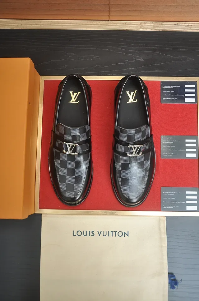 Louis Vuitton Loafer Black Gray Patent Leather Damier Checkered Panel Loafer 5