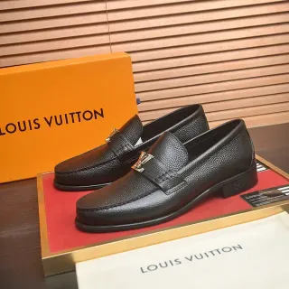 Louis Vuitton Loafer Black Pebbled Leather Metal LV Buckle Loafer