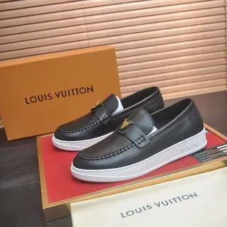 Louis Vuitton लूफर काला सफेद चमड़ा स्लिप ऑन मॉक टो स्टिचिंग