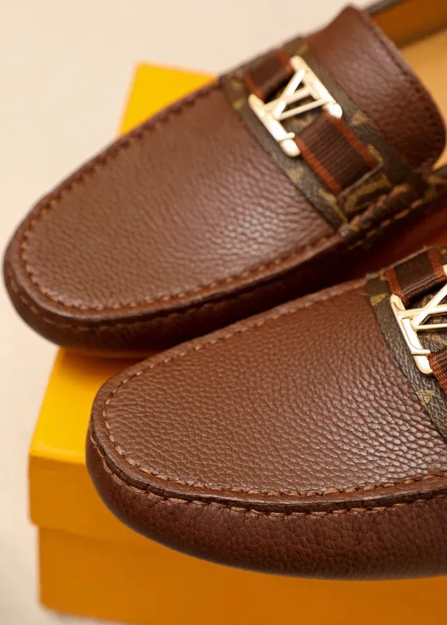 Louis Vuitton Loafer Brown Beige Pebbled Leather Upper Monogram Canvas Trim Loafer 4