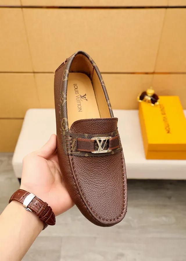 Louis Vuitton Loafer Brown Beige Pebbled Leather Upper Monogram Canvas Trim Loafer 6