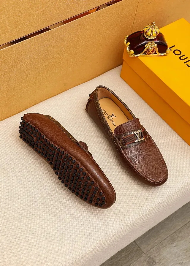 Louis Vuitton Loafer Brown Beige Pebbled Leather Upper Monogram Canvas Trim Loafer 7