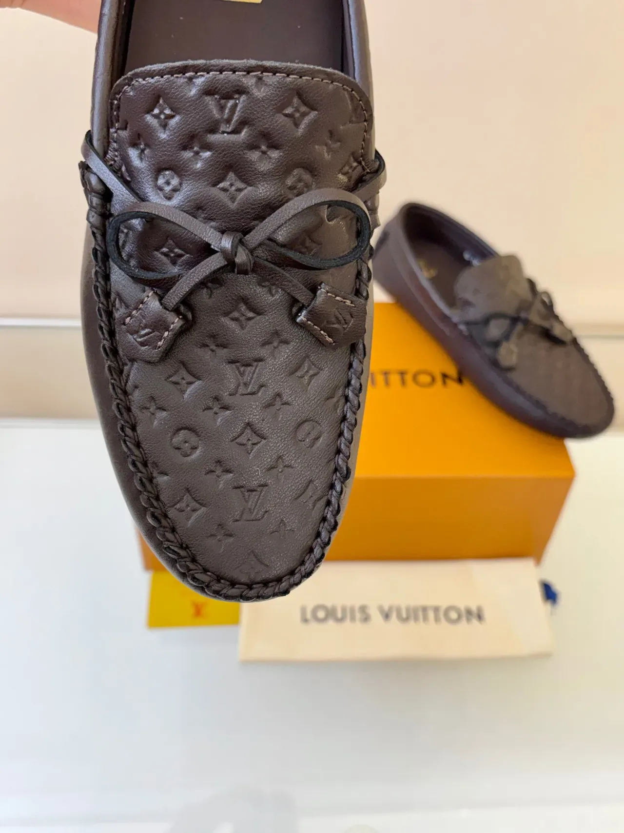 Louis Vuitton Loafer Brown Monogram-Embossed Leather Braided Moc-Toe Stitching Loafer 3