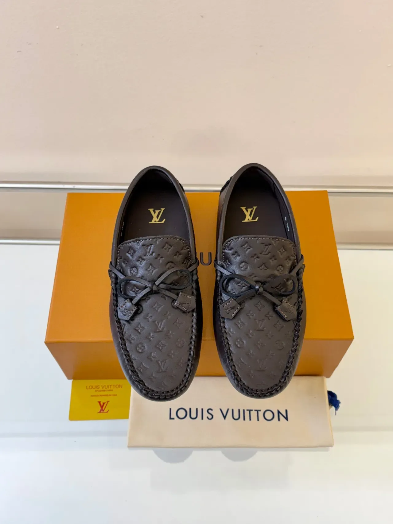 Louis Vuitton Loafer Brown Monogram-Embossed Leather Braided Moc-Toe Stitching Loafer 6