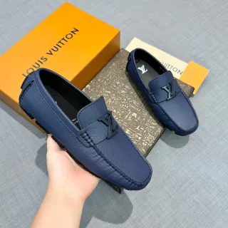 Louis Vuitton লোফার নেভি ব্ল্যাক টেক্সচার্ড গ্রেন লেদার মেটাল LV লোগো বাকল লোফার