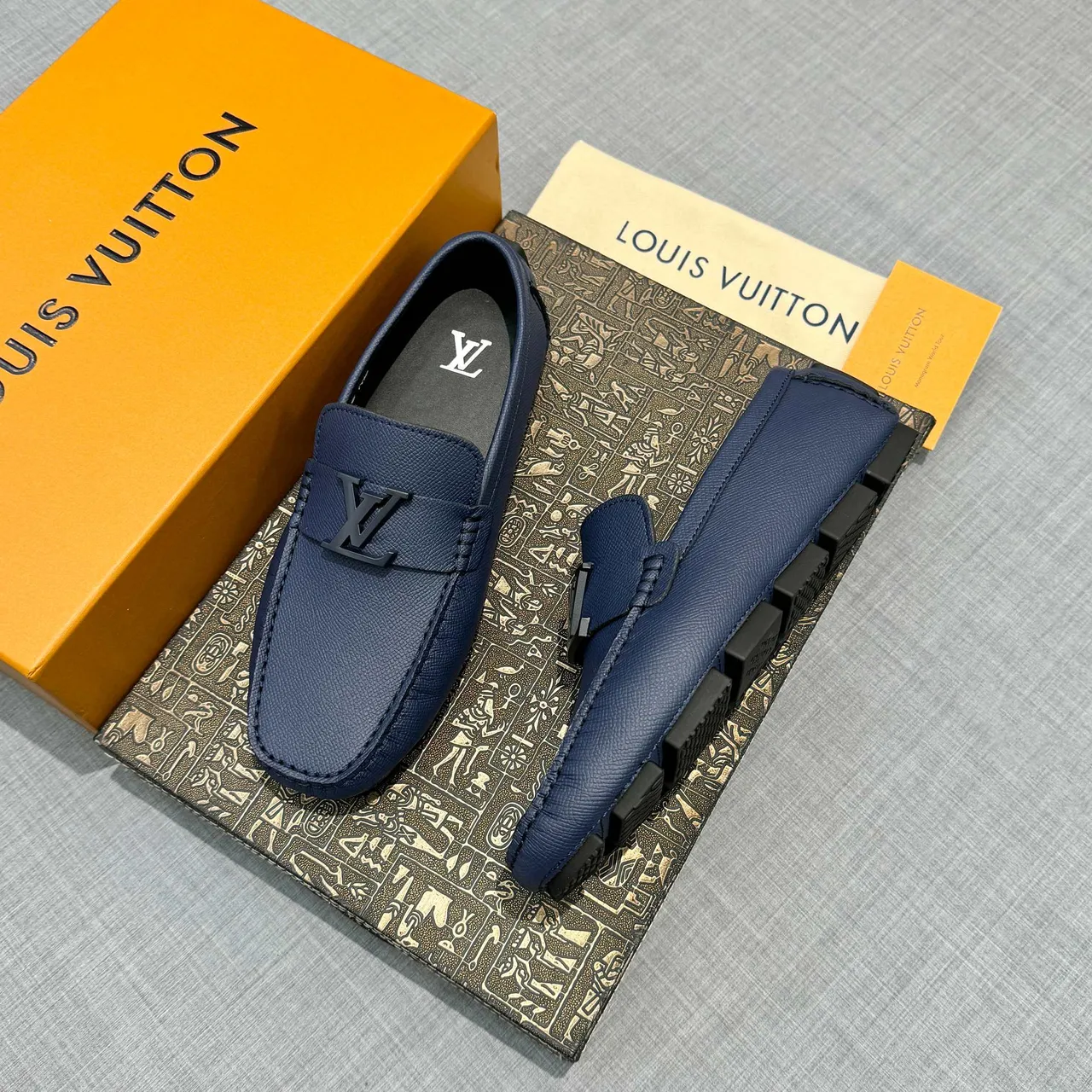 Louis Vuitton Loafer Navy Black Textured Grain Leather Metal LV Logo Buckle Loafer 2