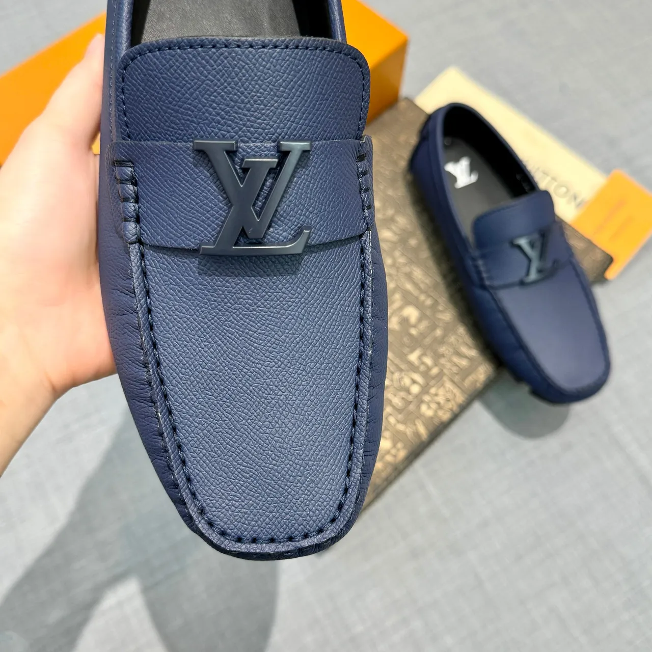 Louis Vuitton Loafer Navy Black Textured Grain Leather Metal LV Logo Buckle Loafer 3