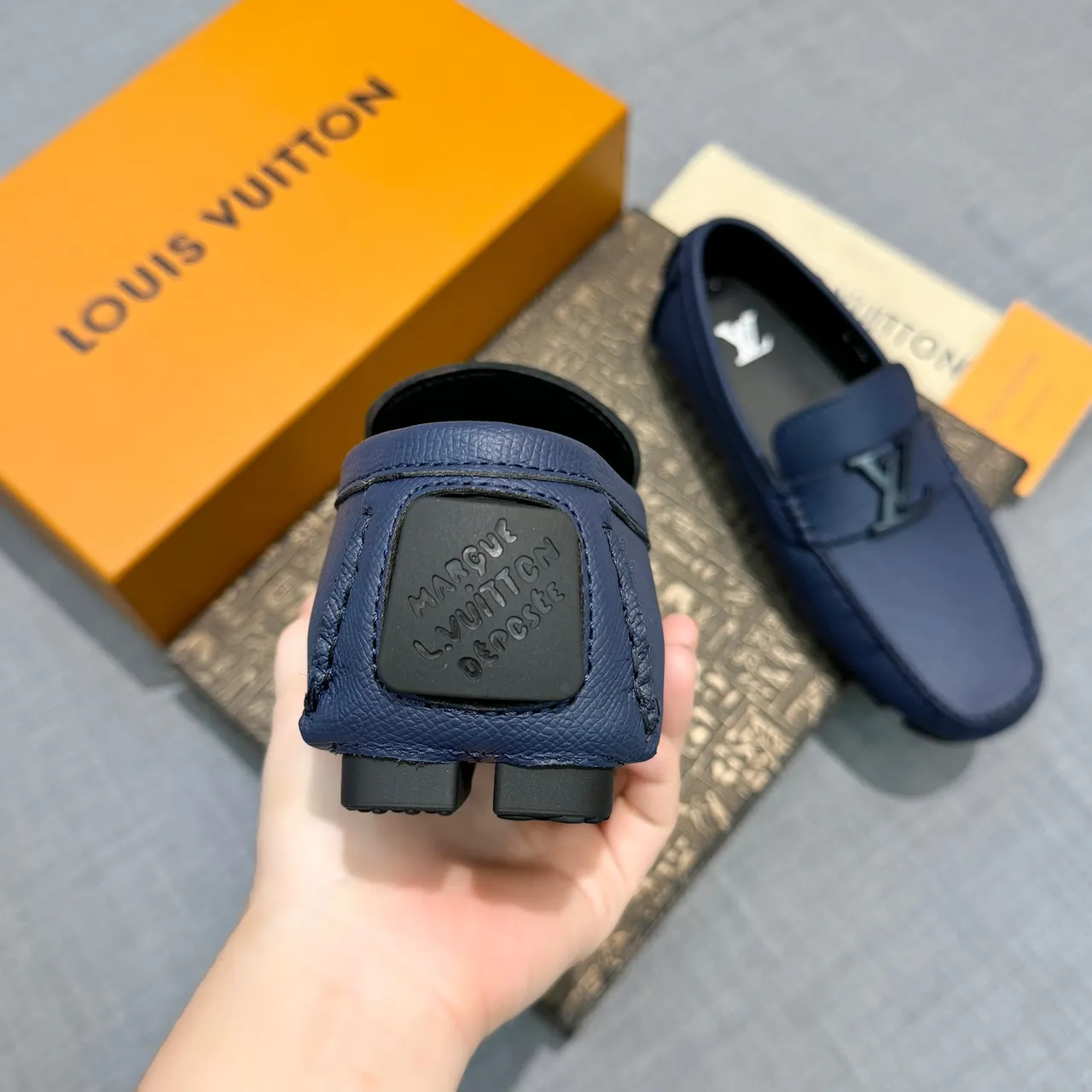 Louis Vuitton Loafer Navy Black Textured Grain Leather Metal LV Logo Buckle Loafer 4