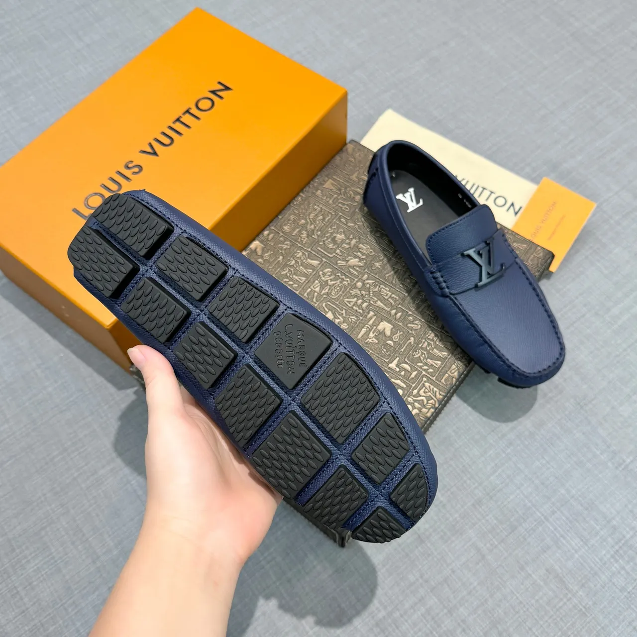 Louis Vuitton Loafer Navy Black Textured Grain Leather Metal LV Logo Buckle Loafer 5