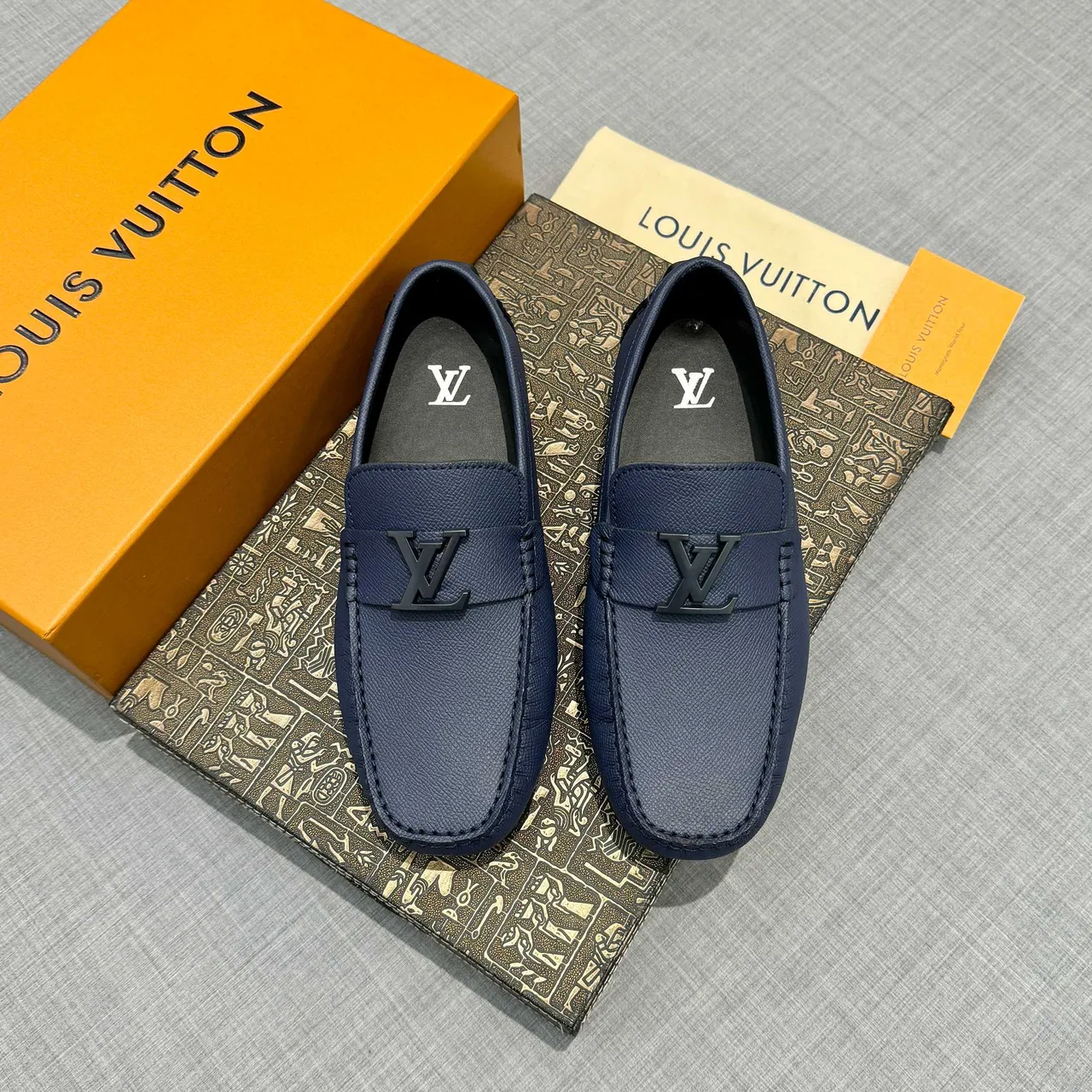 Louis Vuitton Loafer Navy Black Textured Grain Leather Metal LV Logo Buckle Loafer 6