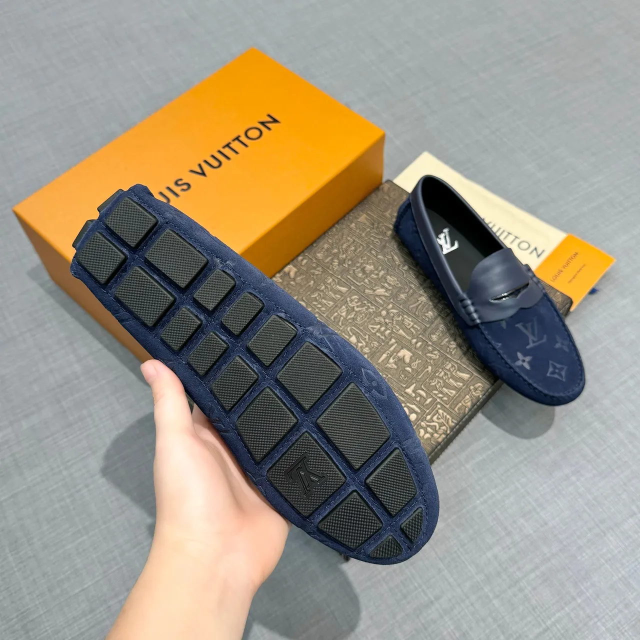 Louis Vuitton Loafer Navy Monogrammed Suede Penny Strap Loafer 6