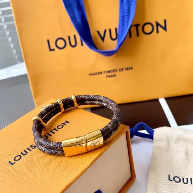 Louis Vuitton Lockit Monogram Brown Leather Gold-Tone Padlock Bracelet 3