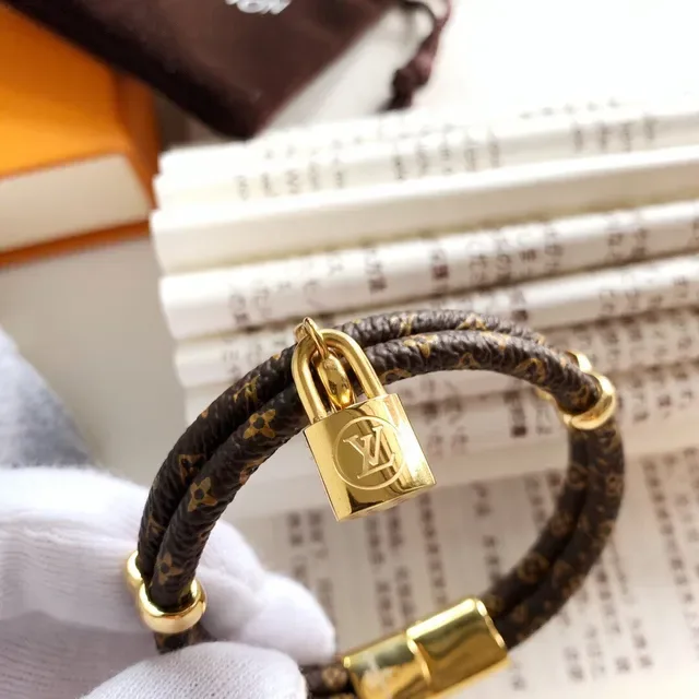 Louis Vuitton Lockit Monogram Brown Leather Gold-Tone Padlock Bracelet 4