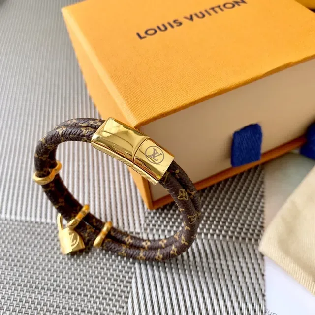 Louis Vuitton Lockit Monogram Brown Leather Gold-Tone Padlock Bracelet 5