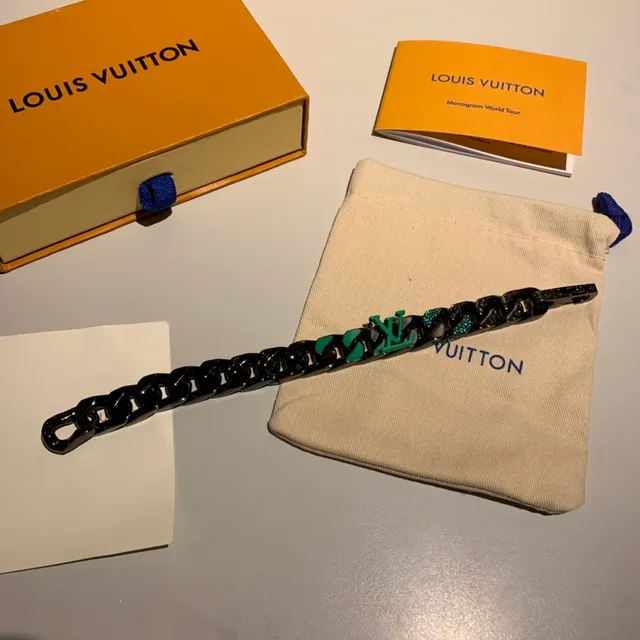 Louis Vuitton LV Bracelet Chaîne Noir Vert Épais Chaîne Curb-Link Émaillé Monogramme Bracelet 2