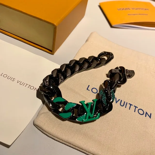 Louis Vuitton LV Bracelet Chaîne Noir Vert Épais Chaîne Curb-Link Émaillé Monogramme Bracelet 4