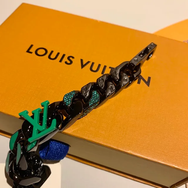 Louis Vuitton LV Bracelet Chaîne Noir Vert Épais Chaîne Curb-Link Émaillé Monogramme Bracelet 6