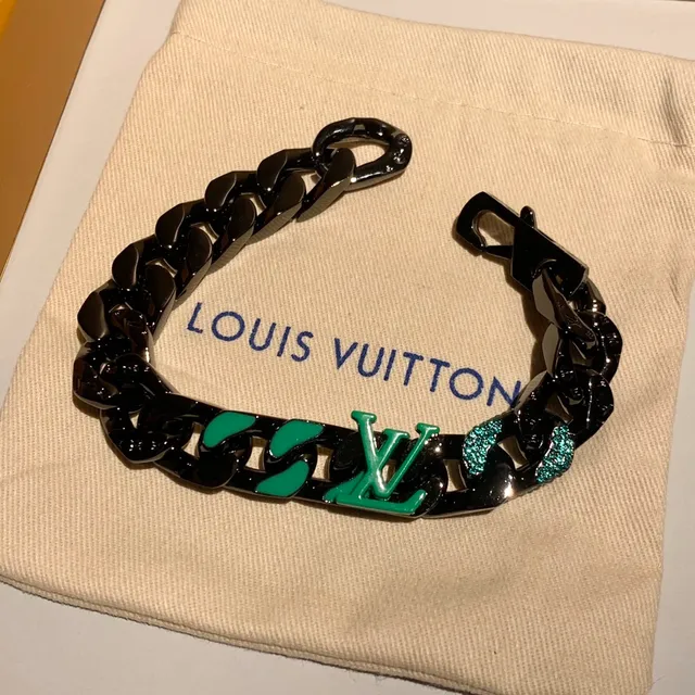 Louis Vuitton LV Bracelet Chaîne Noir Vert Épais Chaîne Curb-Link Émaillé Monogramme Bracelet 7
