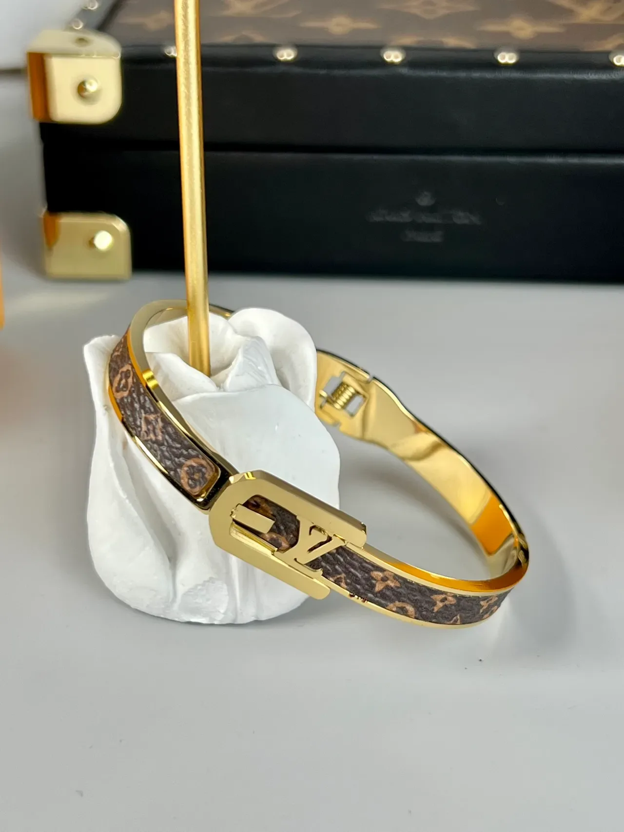 Louis Vuitton LV Initiales Gold Brown Hinged Bangle Monogram-Coated Band Bracelet 2