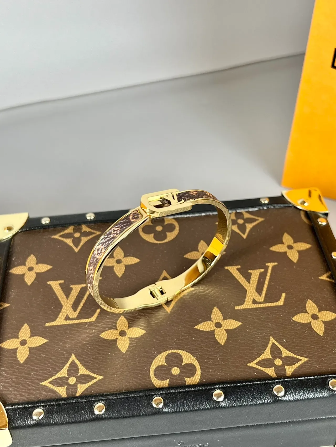 Louis Vuitton LV Initiales Gold Brown Hinged Bangle Monogram-Coated Band Bracelet 3