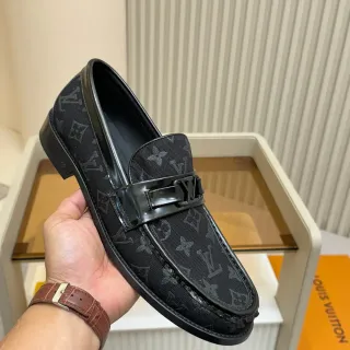 Louis Vuitton LV Loafer Black Monogram Canvas Patent Leather Loafers