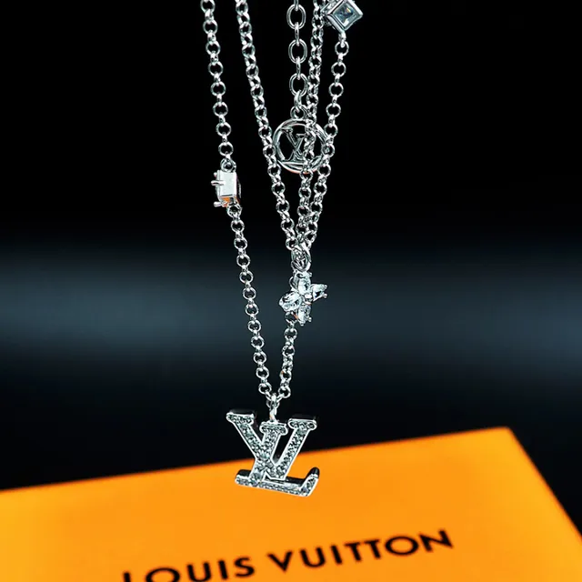 Louis Vuitton LV Monogram & Floral Charm Double-Layer Necklace Silver Crystal-Paved Necklace 3