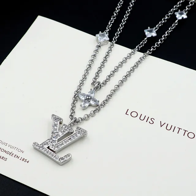 Louis Vuitton LV Monogram & Floral Charm Double-Layer Necklace Silver Crystal-Paved Necklace 4