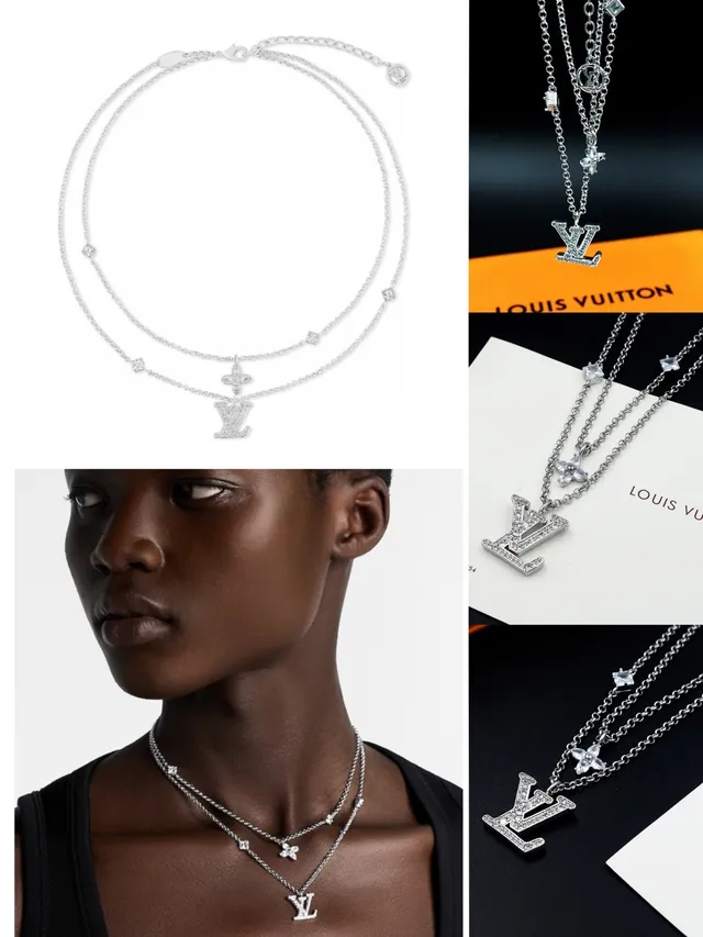 Louis Vuitton LV Monogram & Floral Charm Double-Layer Necklace Silver Crystal-Paved Necklace 14