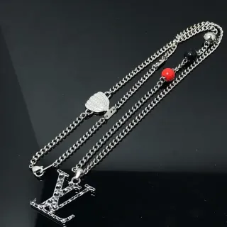 Louis Vuitton LV Monogram Pendant Silver-Tone Curb Chain Necklace