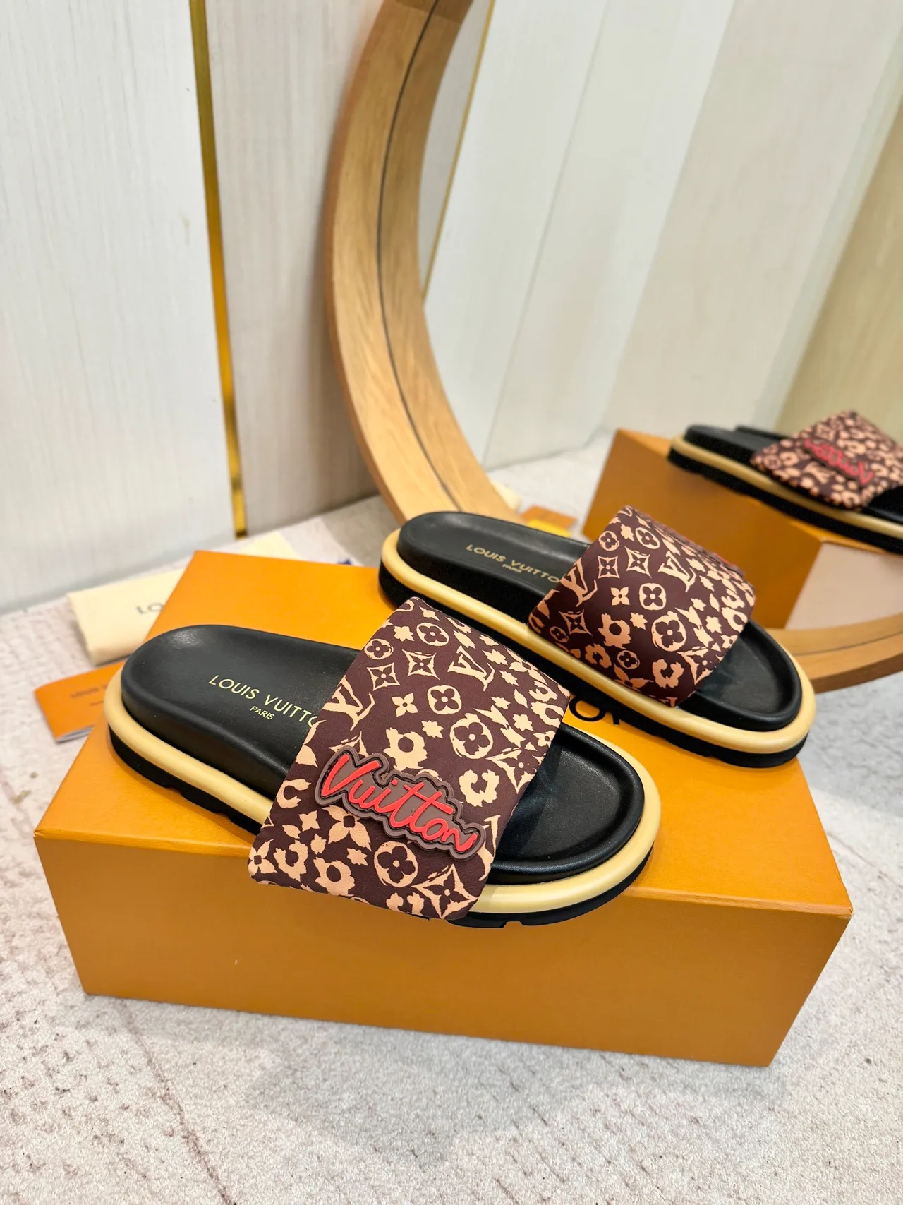 Louis Vuitton LV Slide Brown Beige Monogram-Print Strap Padded Logo Patch Slippers 2